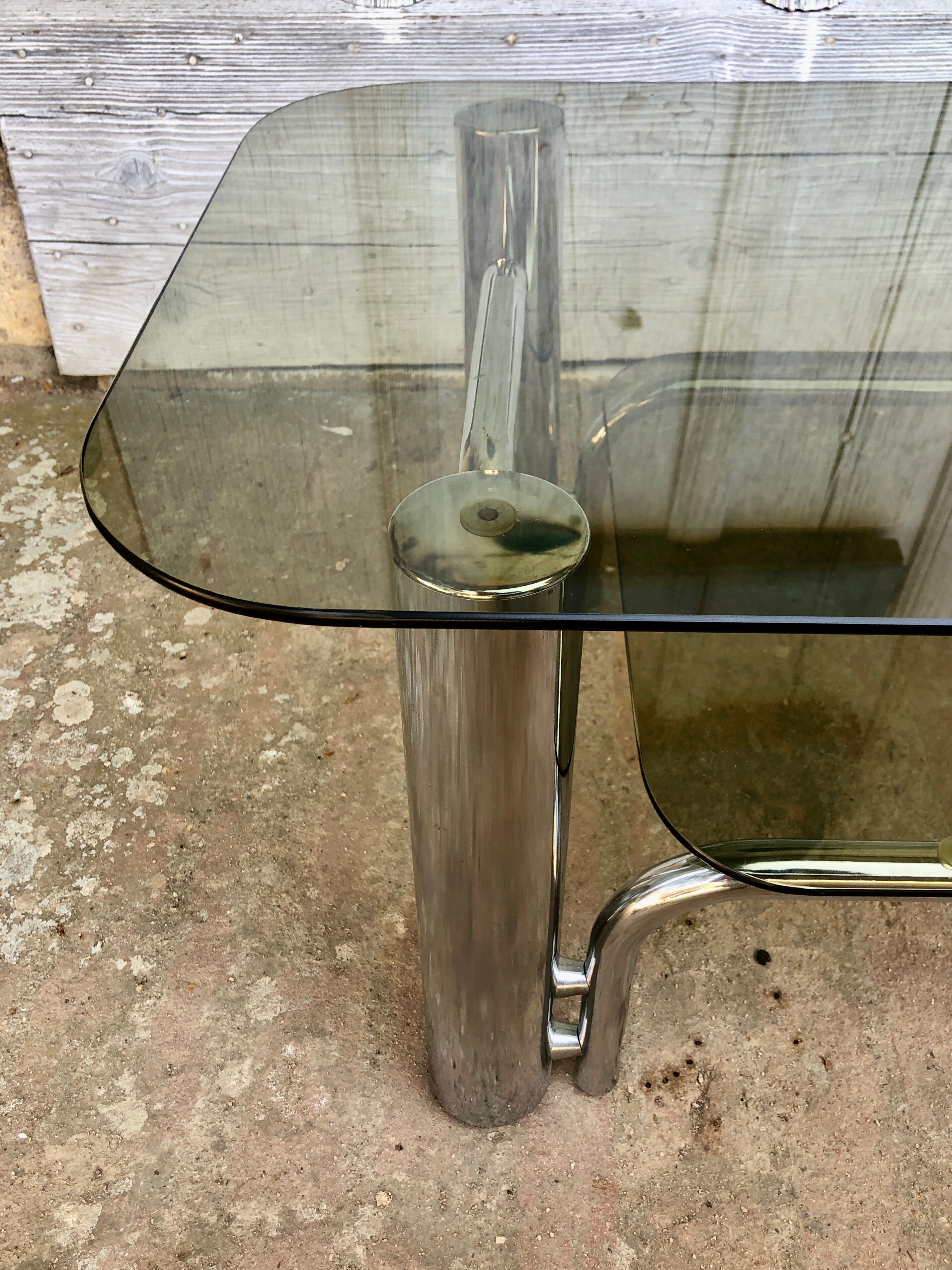Coffee table chrome tubes and smoked glasses 1970