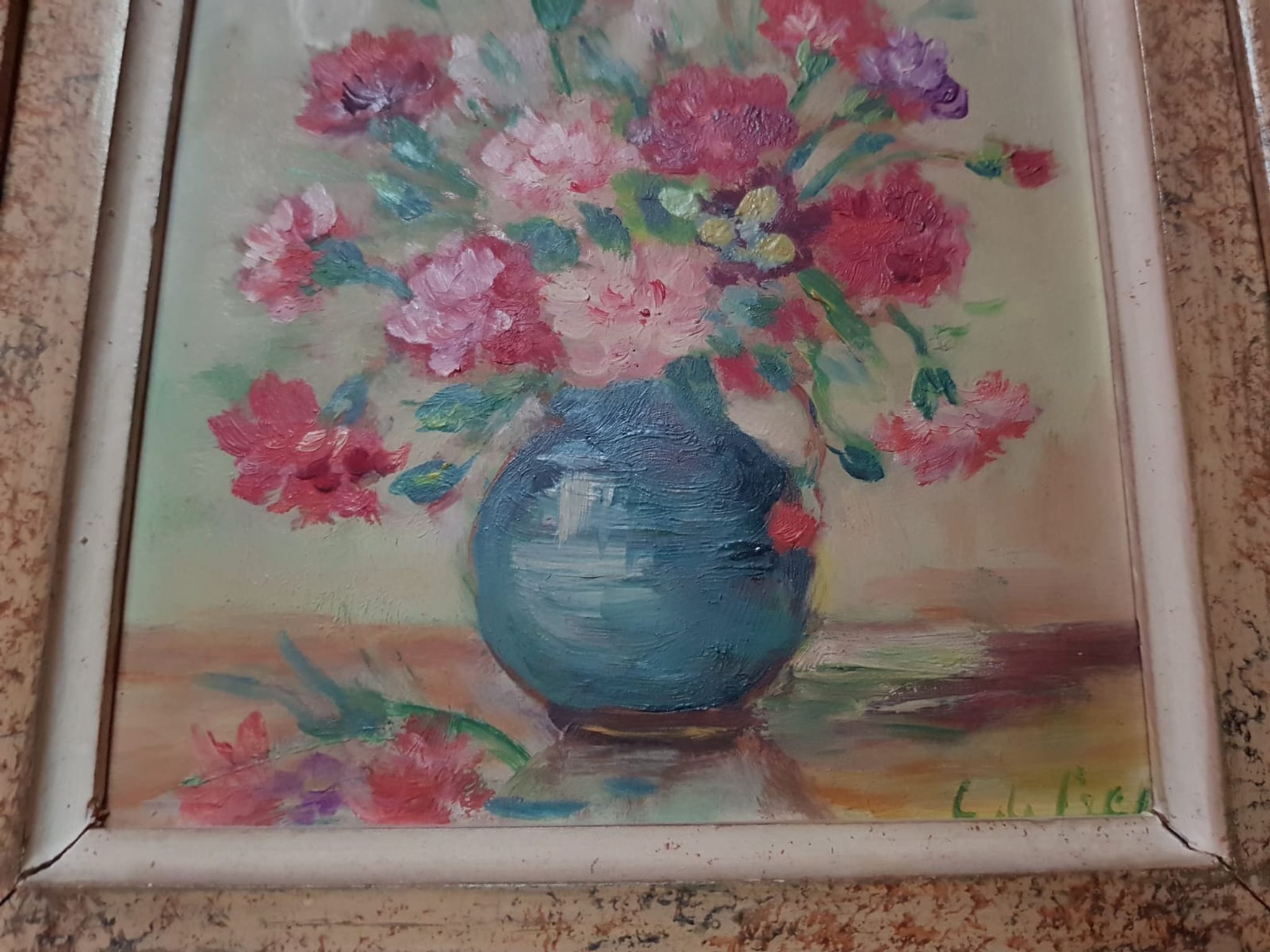 Pair old table c. de fred flower bouquet oil on vintage panel