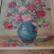 Pair old table c. de fred flower bouquet oil on vintage panel