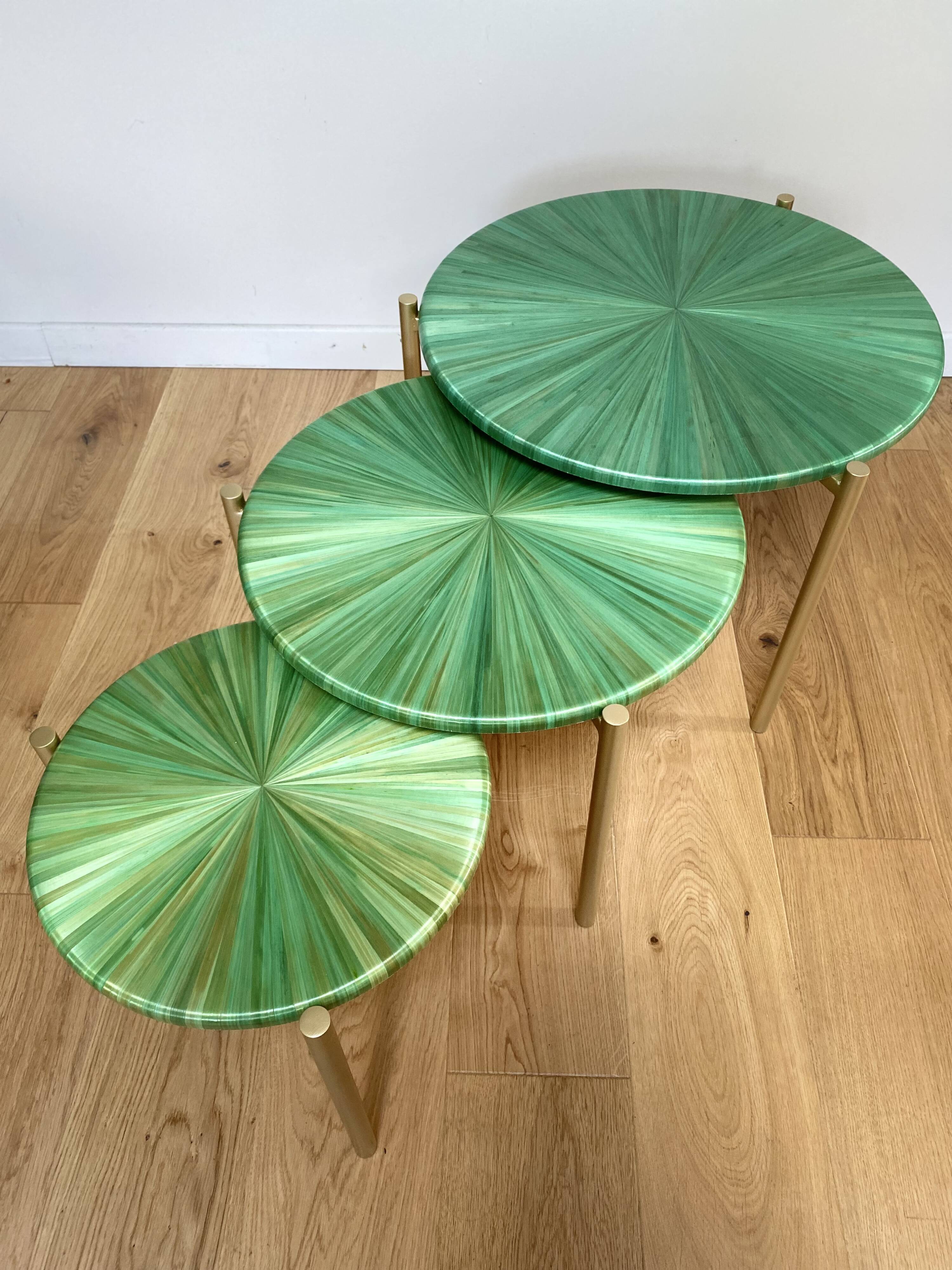 Straw marquetry nesting tables