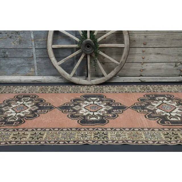 Vintage Turkish Oushak handmade wool cotton brown runner rug 143x347