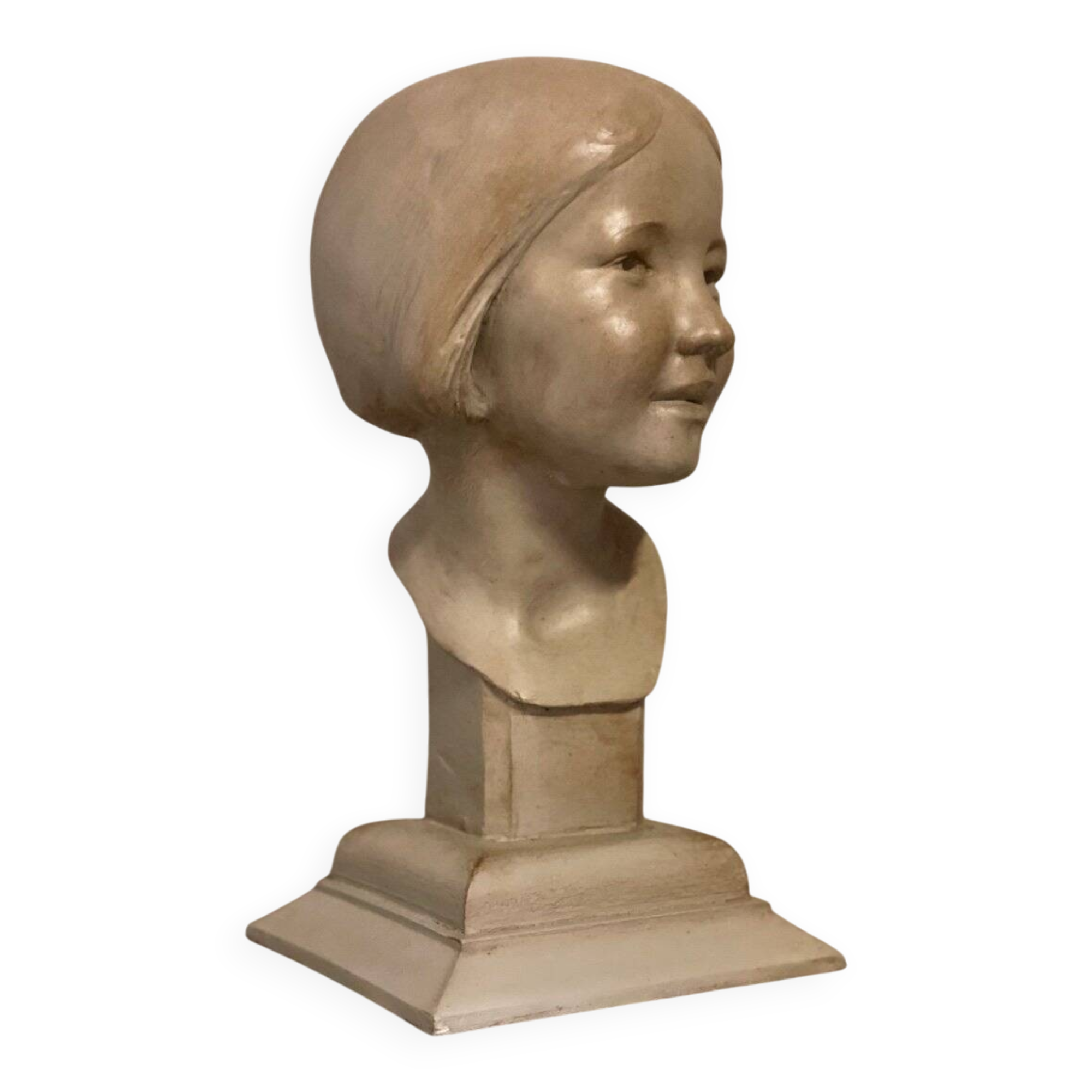 Plaster bust, young girl, monogram and date.