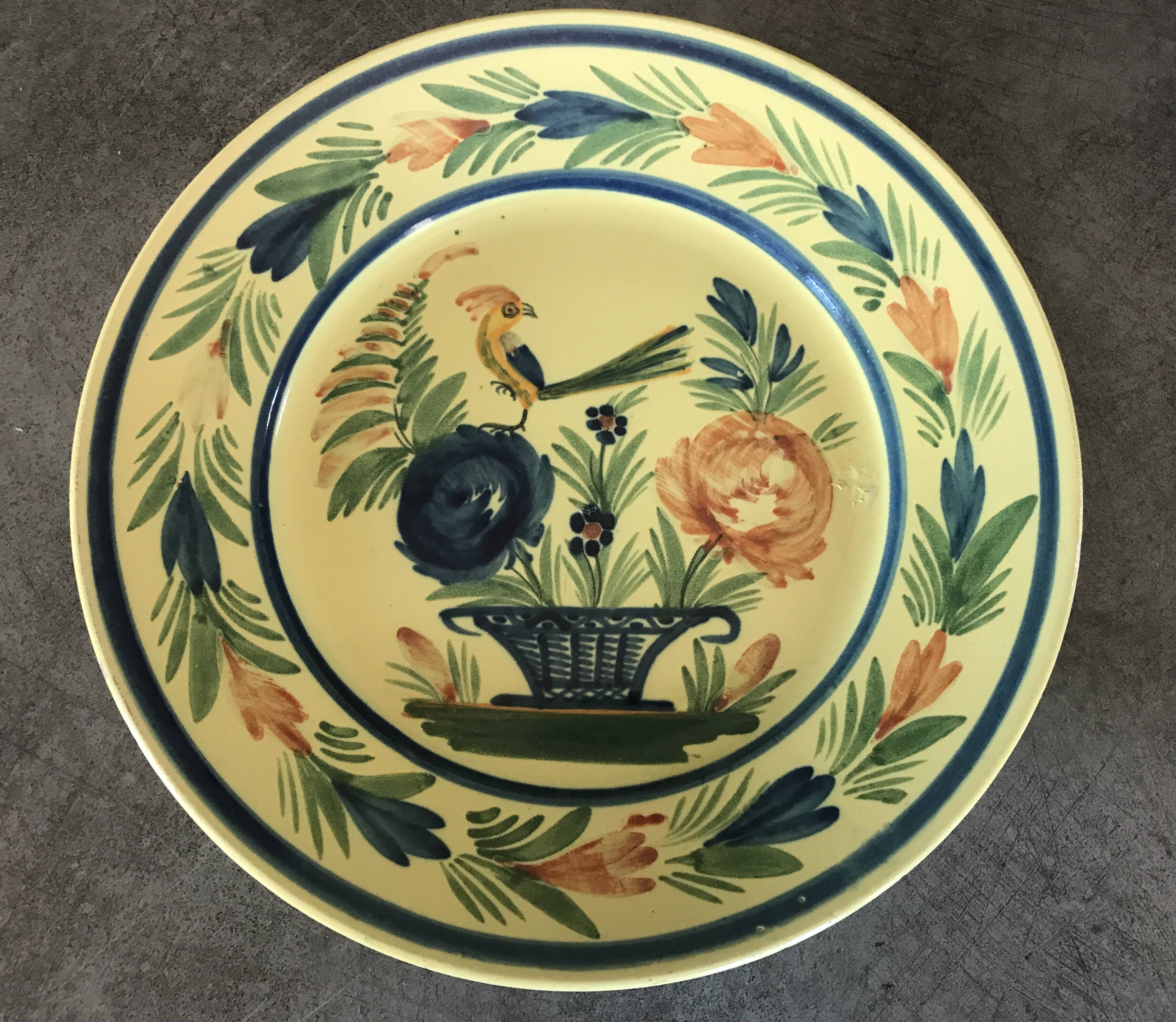 Antique earthenware plate hb henriot quimper floral and bird basket decor