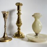 Trio of brass and vintage onyx candlesticks