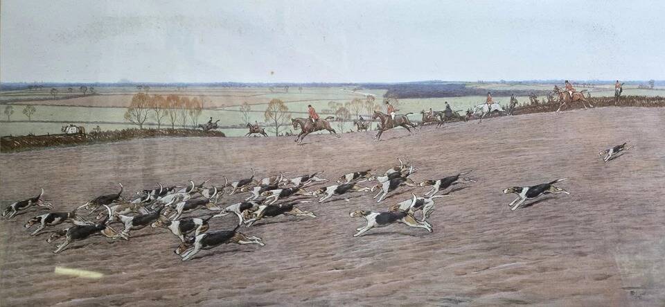 Hunting scene, watercolour engraving on paper signed by Cecil.