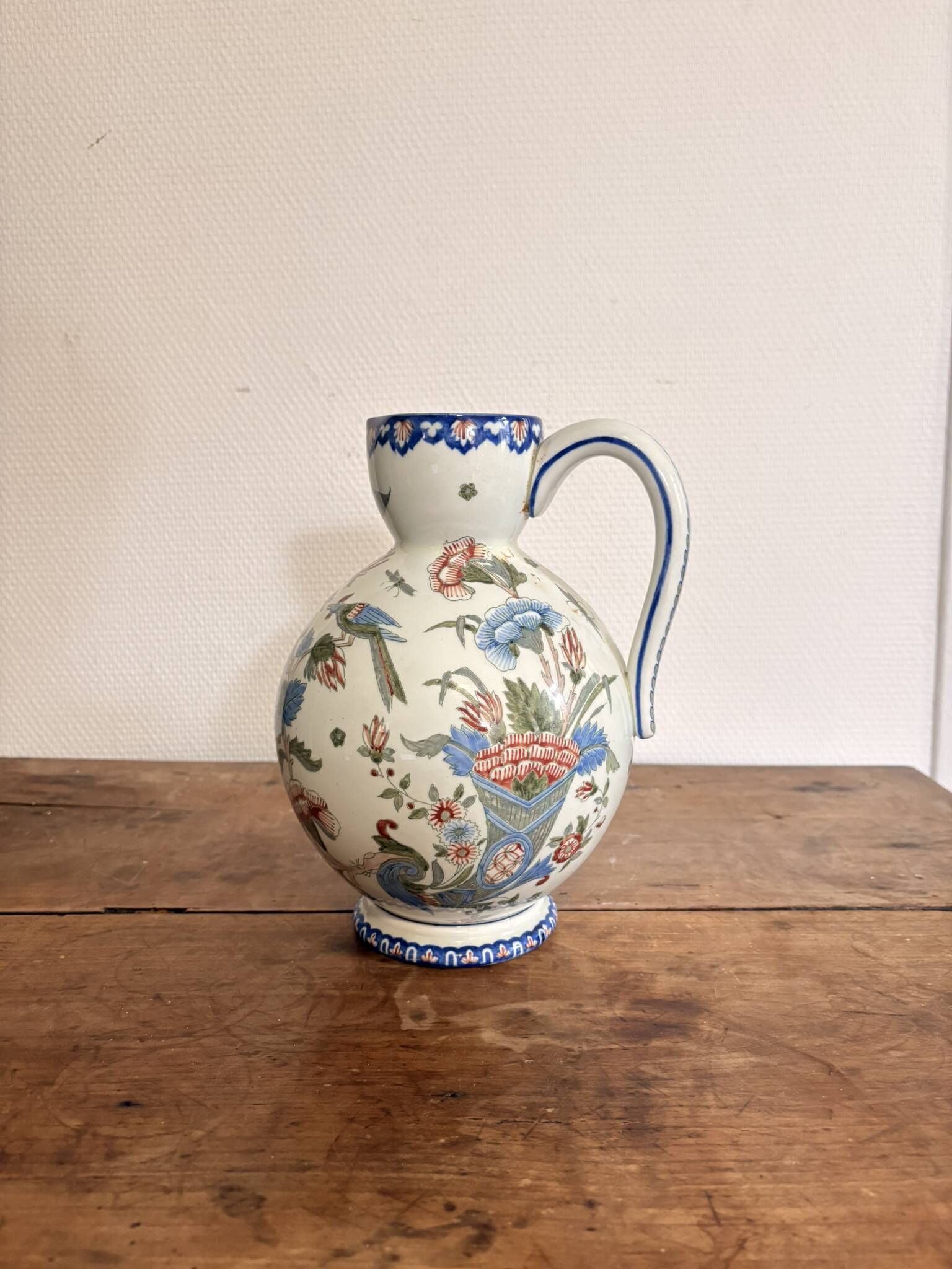 Aiguière, pichet en faïence de Gien ancien décor Rouen corne d'abondance, XIXe