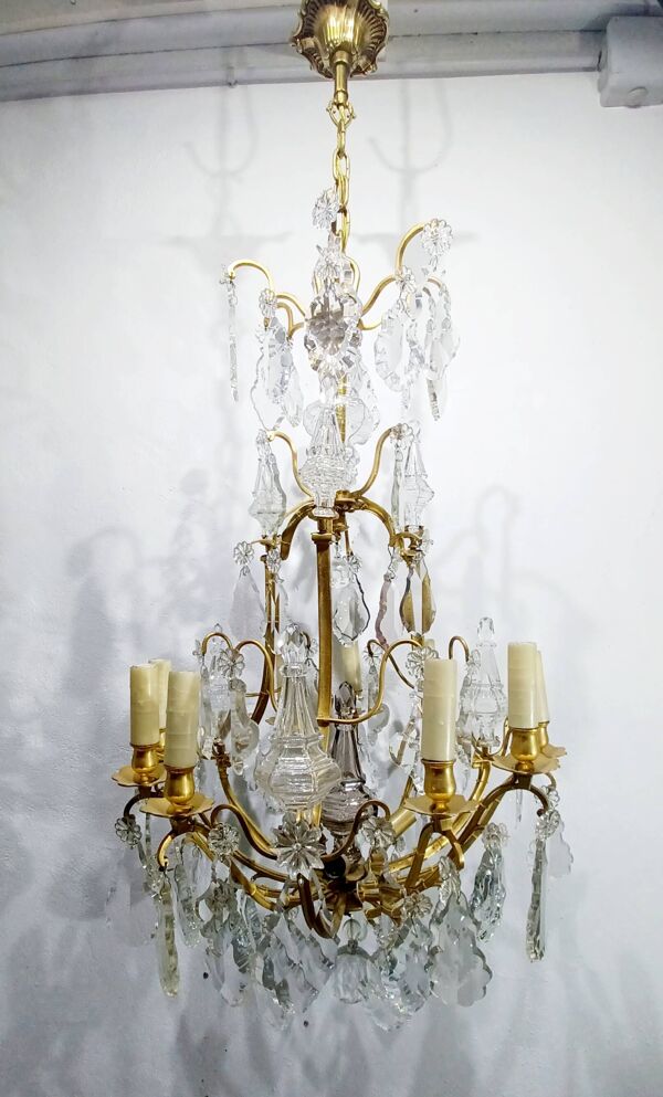 Lustre cage 12 lumières bronze et cristal