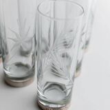 Silver Base Clear Glass Set of 6 - Italian 1960s Etched Wheat and Floral Design