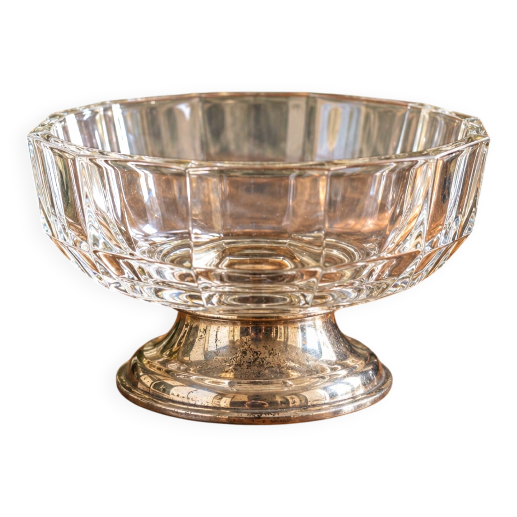 Small Art Deco glass bowl with facets & silver-plated metal.