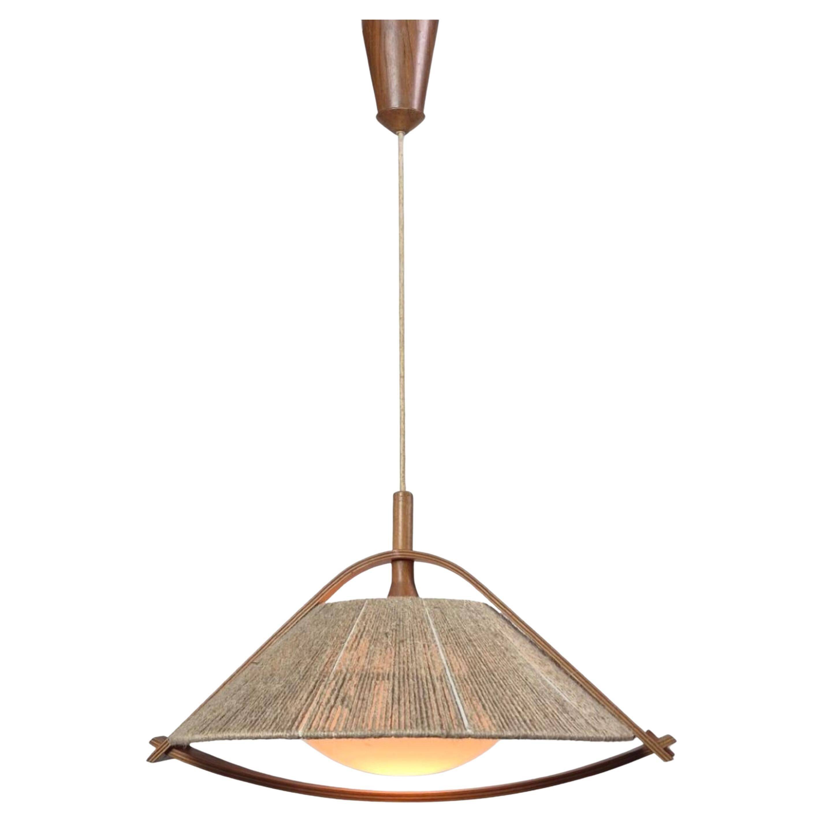 Wabi sabi sisal and plywood pendant lamp by Temde, Switzerland 1960s