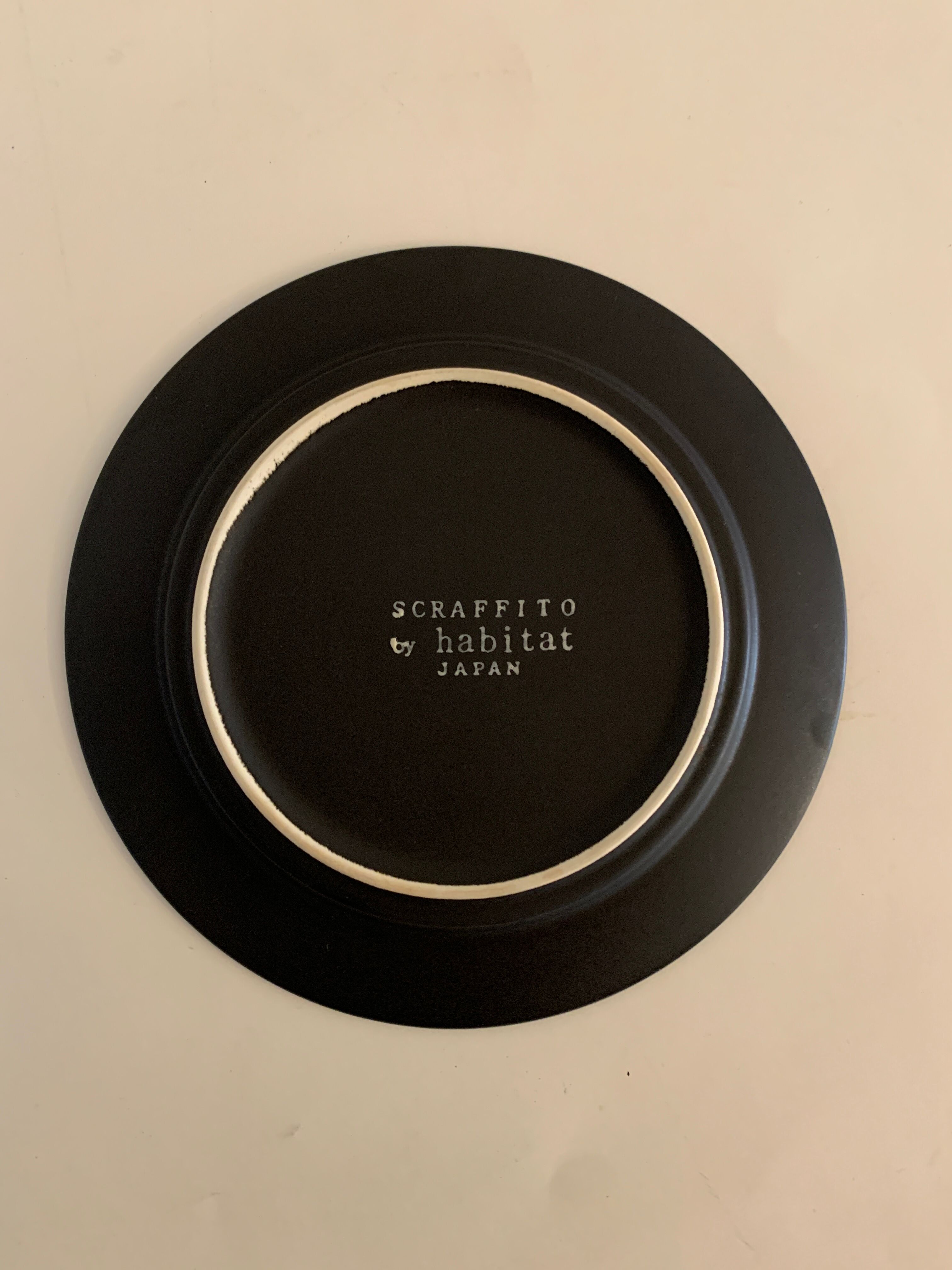 6 black and white dessert plates Scraffito, Habitat Japan, 1970