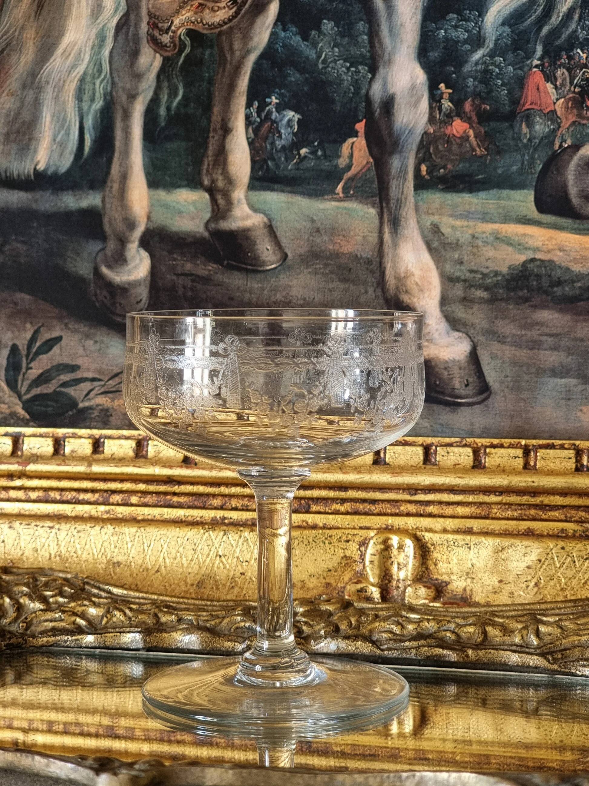 Engraved crystal champagne coupes