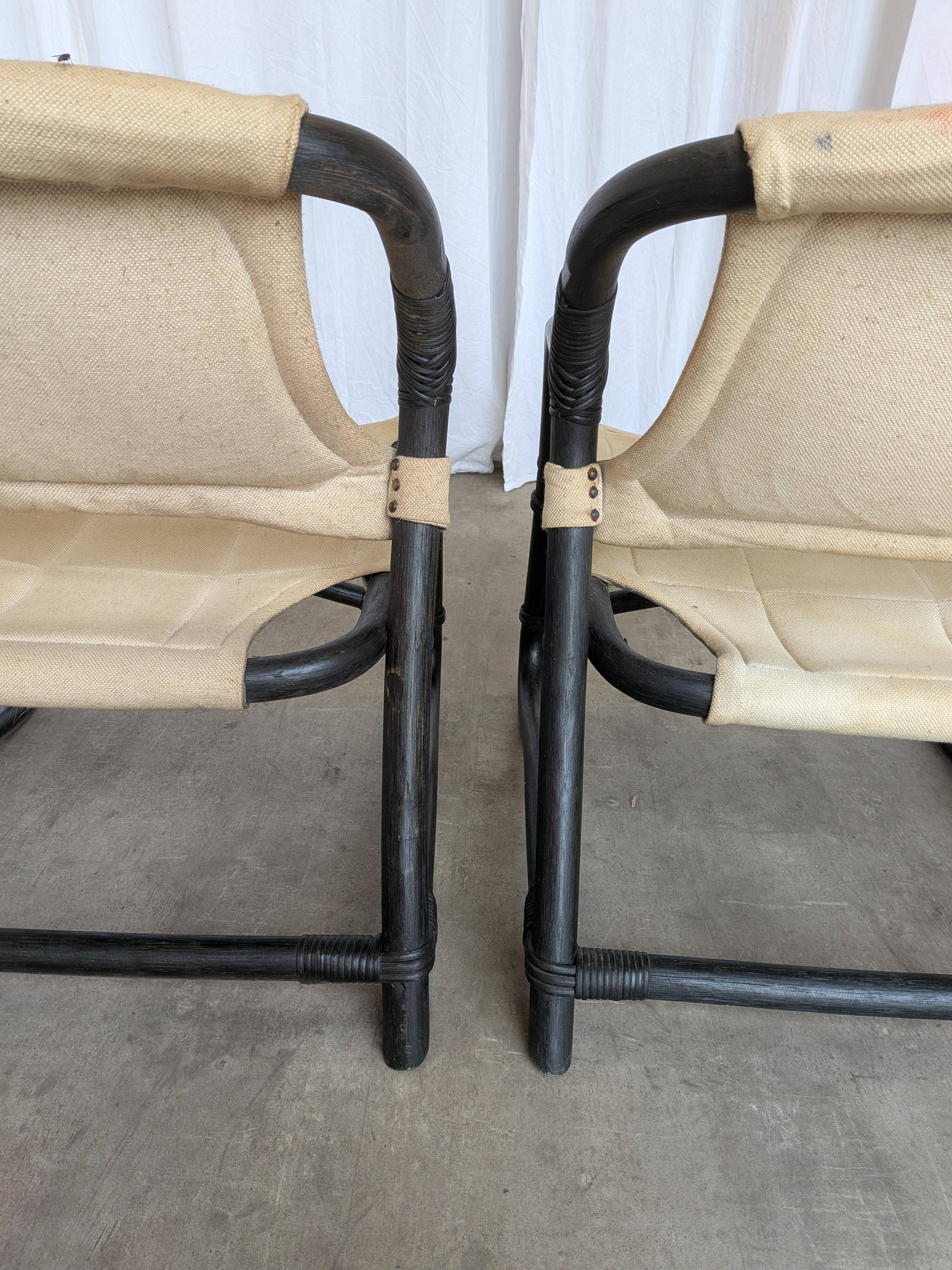 2 Vintage Espri Safari Lounge Armchairs / Rare Mid-century Black Bamboo and Beige Fabric Easy C