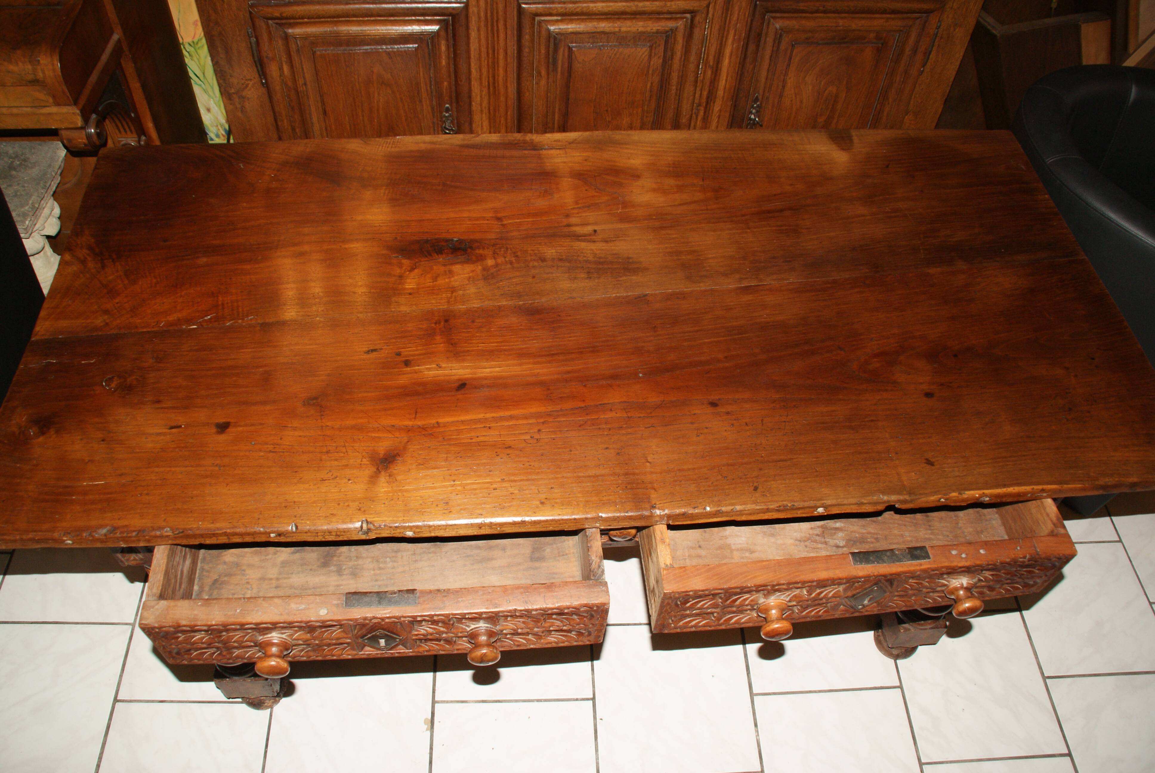 SAVOYARD CHALET TABLE, carved, with two drawers, late 18th century