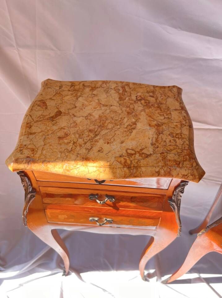 Louis XV Marquetry Bedside Tables, Pair of Vintage French Nightstands