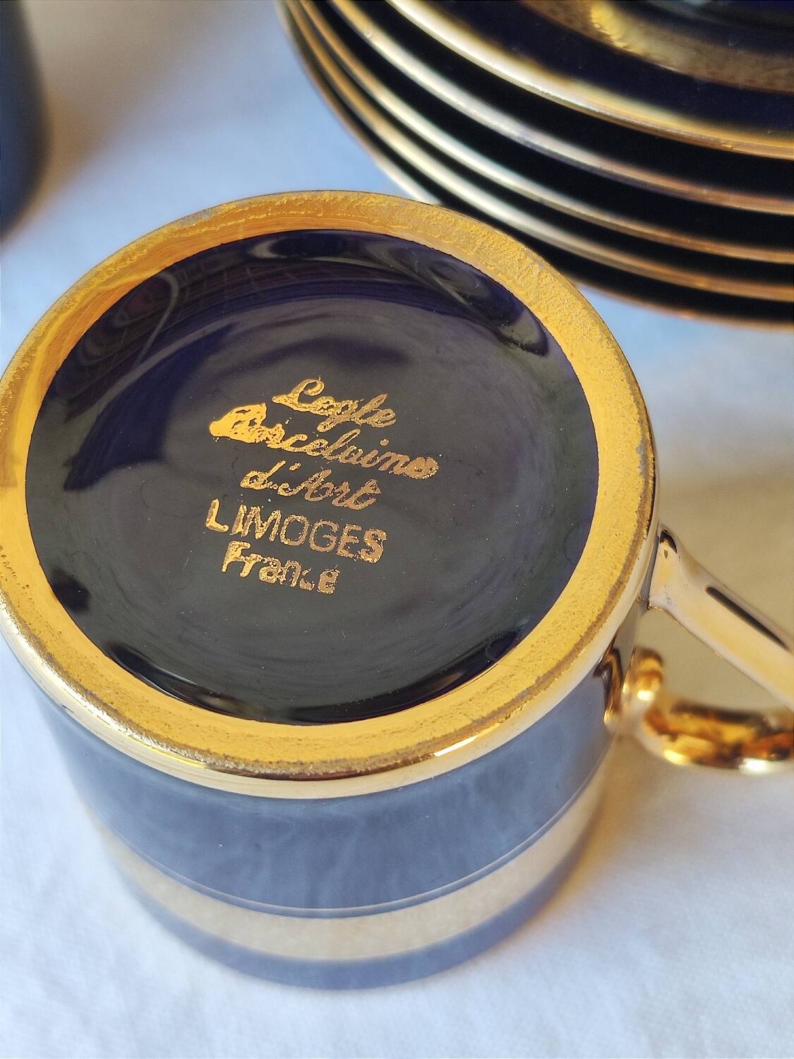 Limoges porcelain coffee service - Egle - Oven blue and gold -