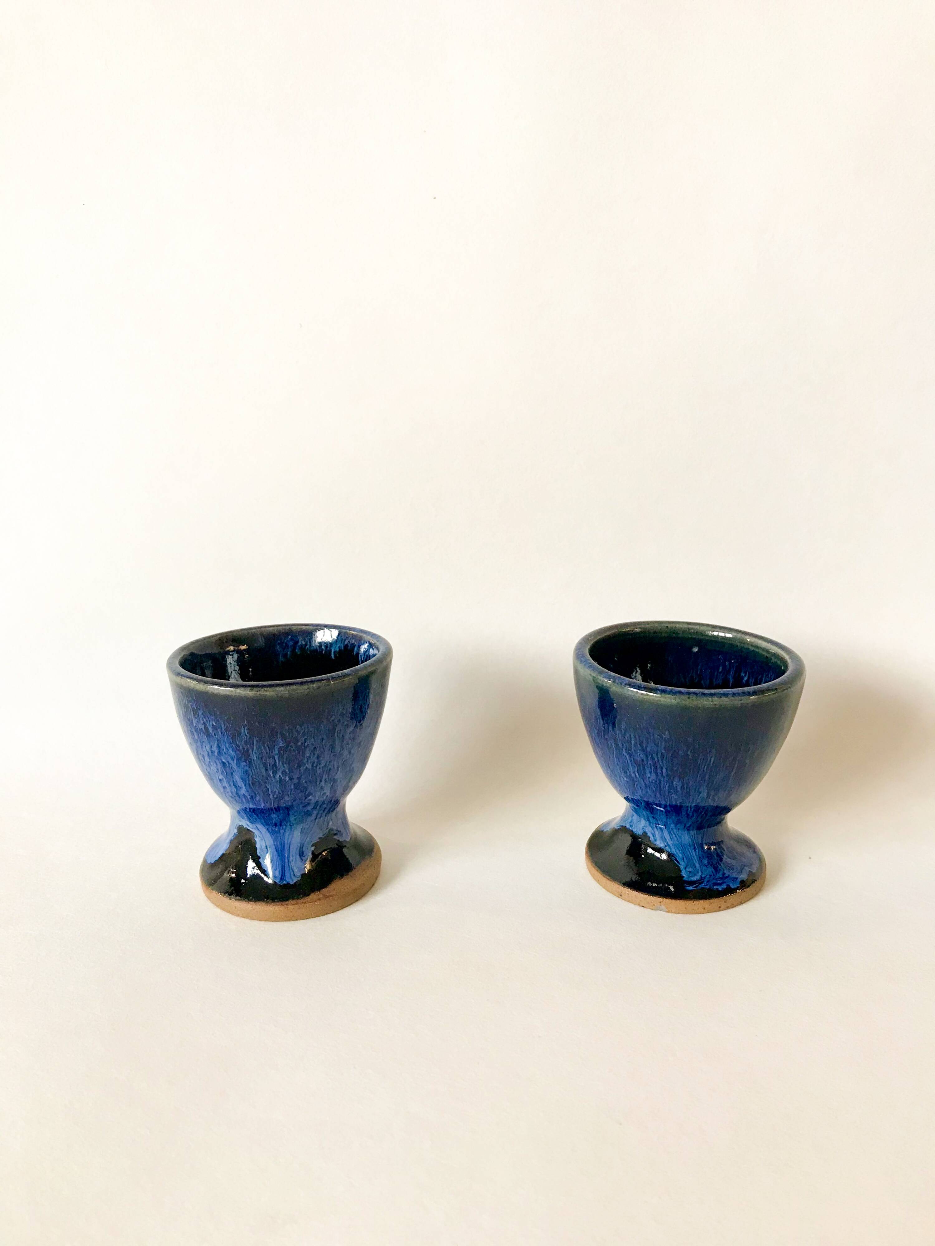 duo of egg cups in stoneware / blue ceramic from the 70s