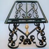 Green-forged neo-classical coffee table gold, green marble Poillerat 1940
