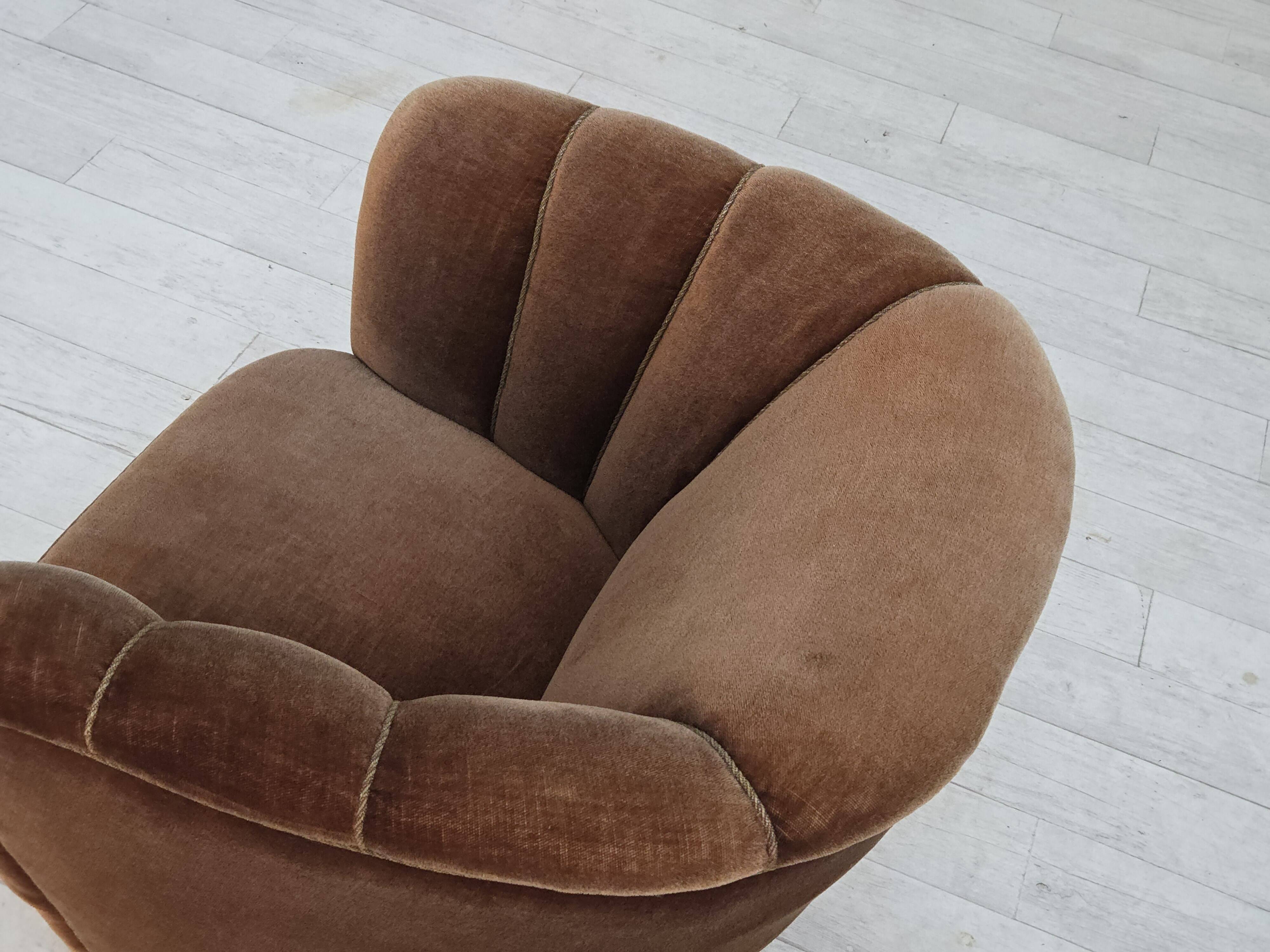 1960s, Danish curved chair, brown furniture velour.