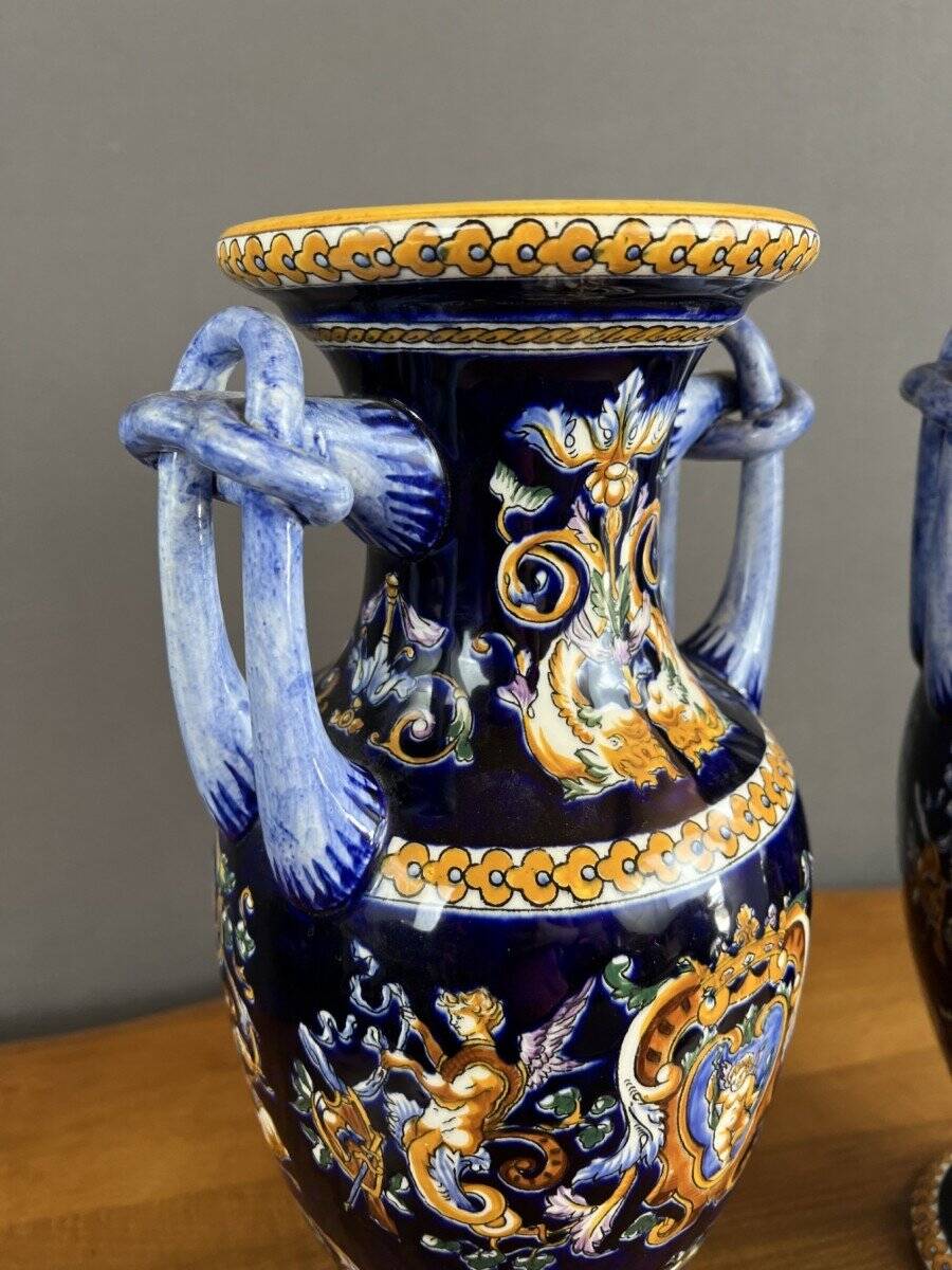 Pair of Gien Ceramic Vases Magnificent Renaissance Decor 20th Century