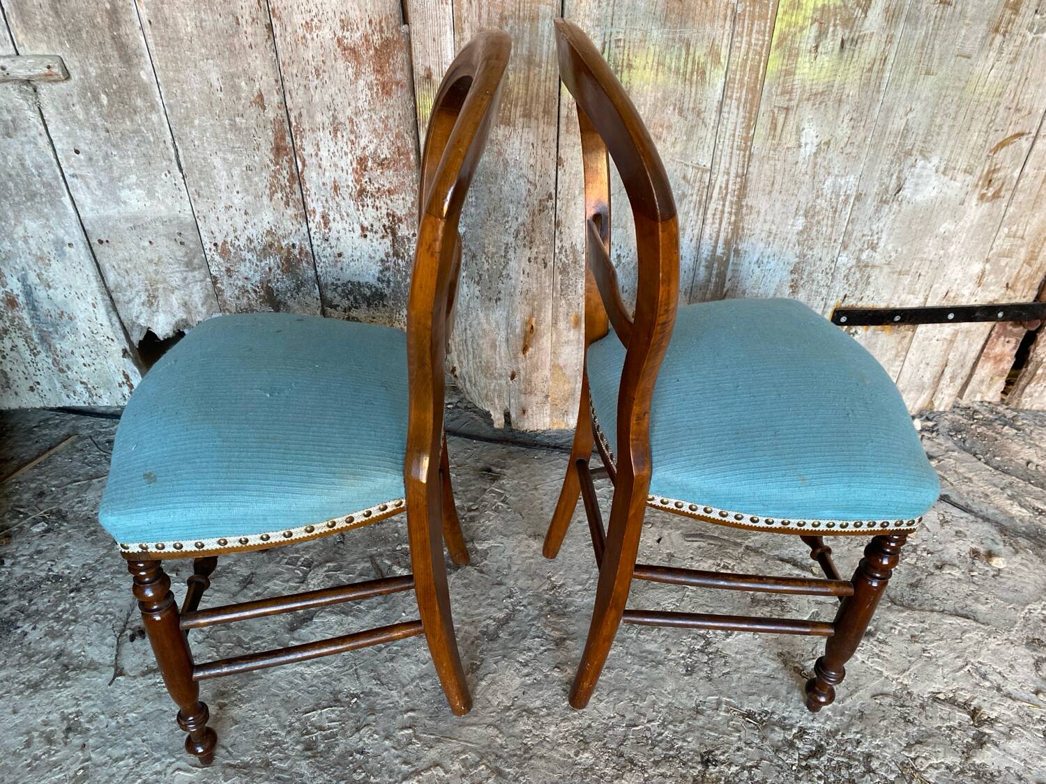 Pair of antique louis philippe chairs wood + blue vintage fabric seat
