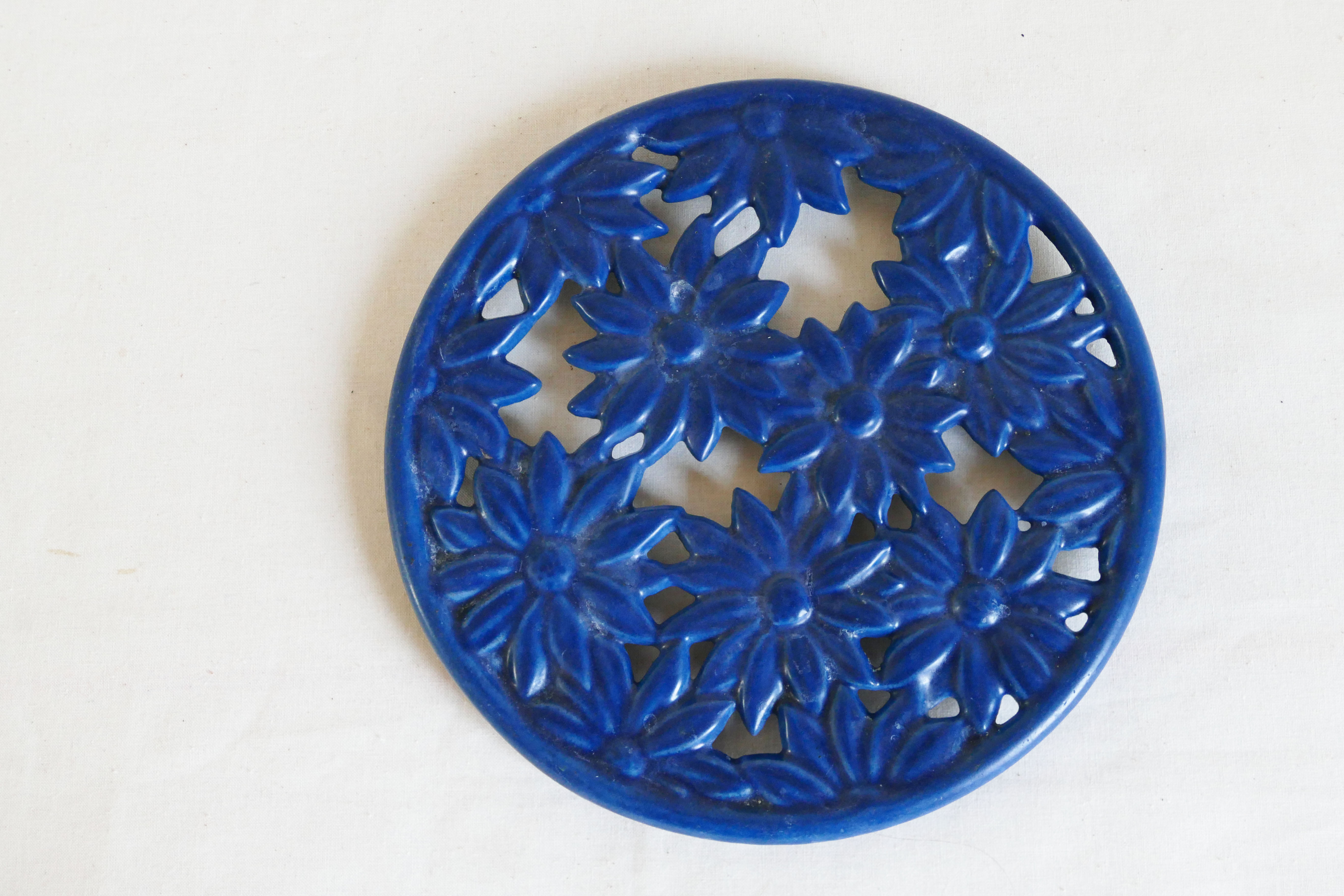 Old French blue enamelled cast iron underside