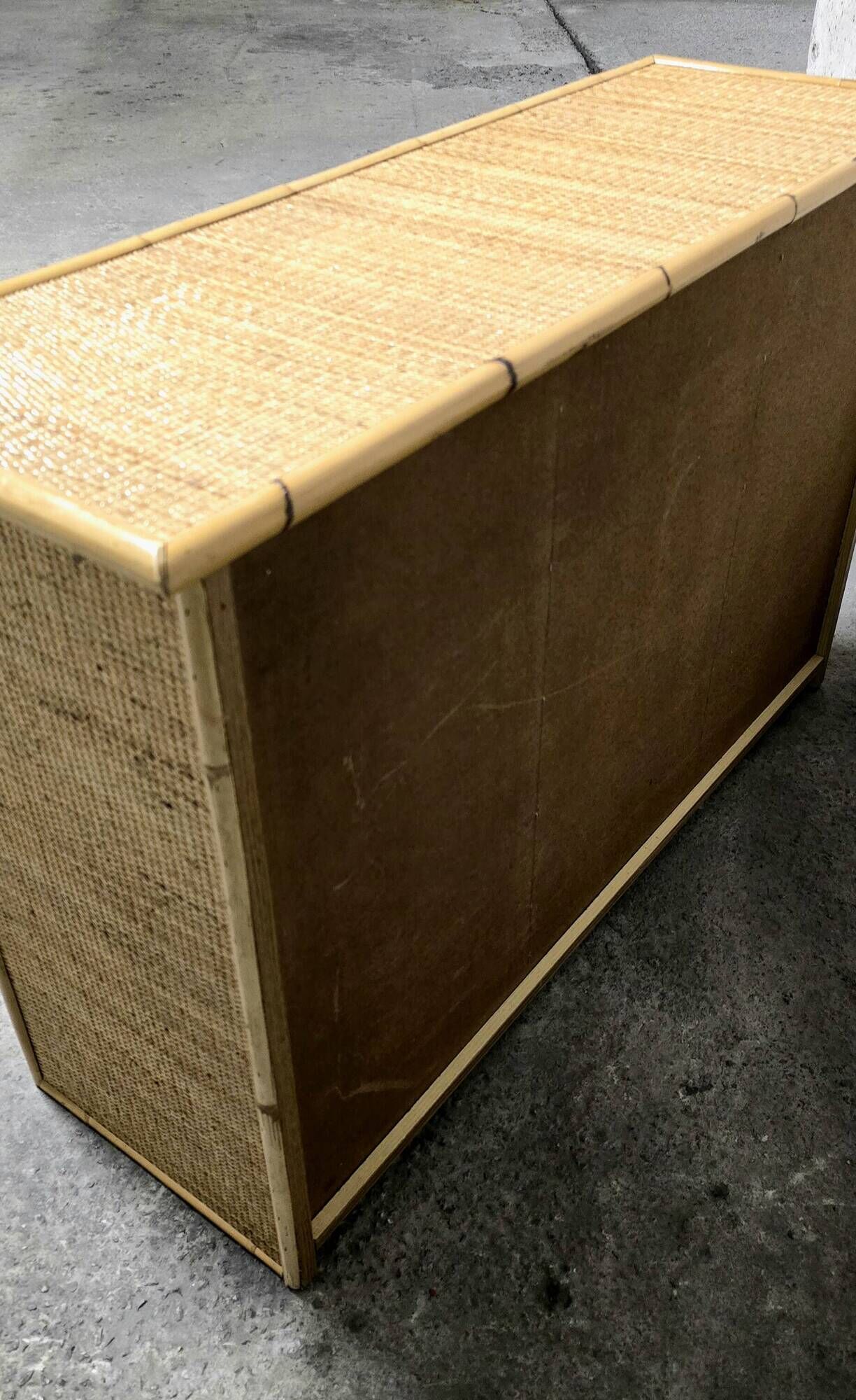 Vintage woven rattan and natural bamboo sideboard - Italy 1970s