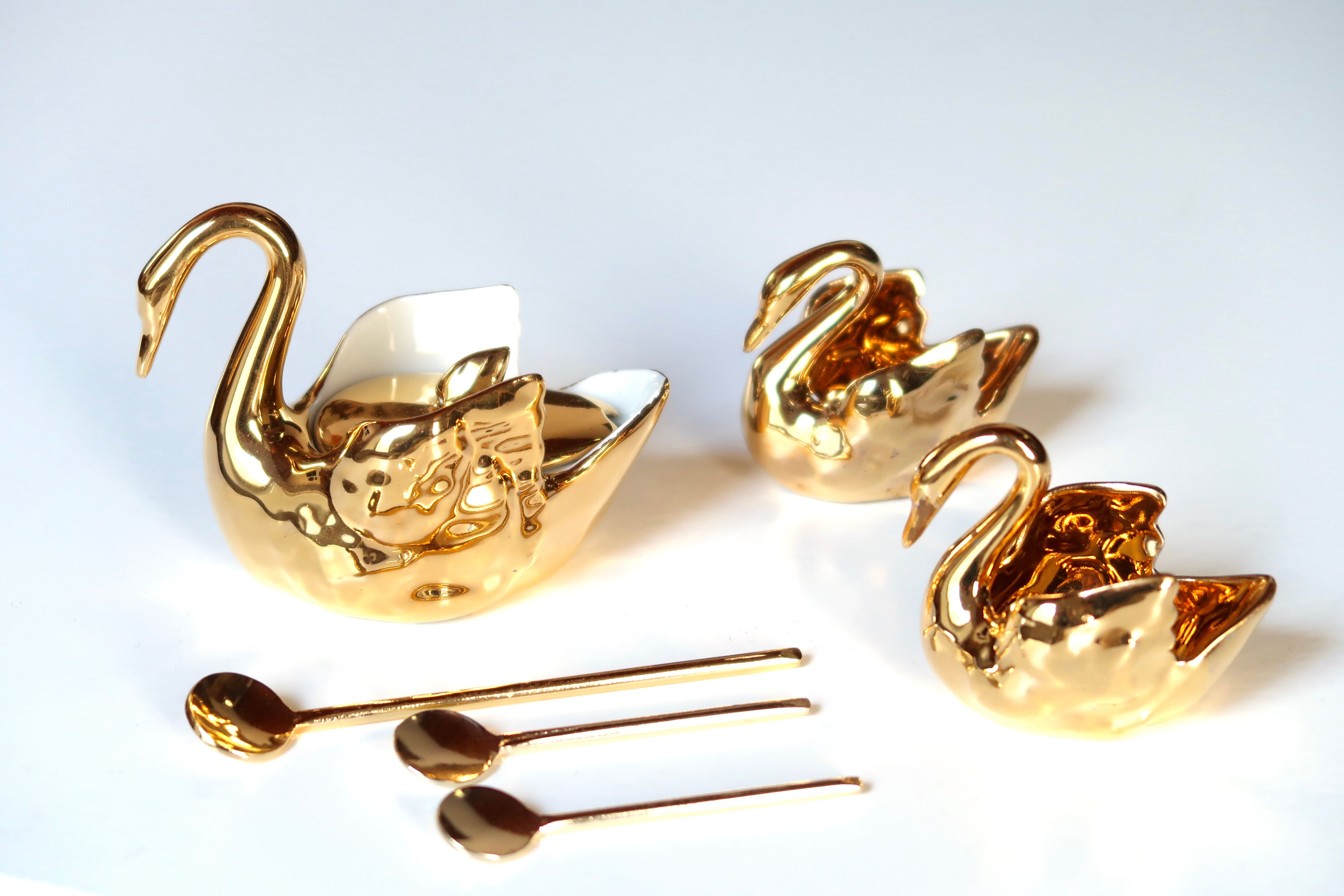 Trio of salty swans in Limoges porcelain, 50s
