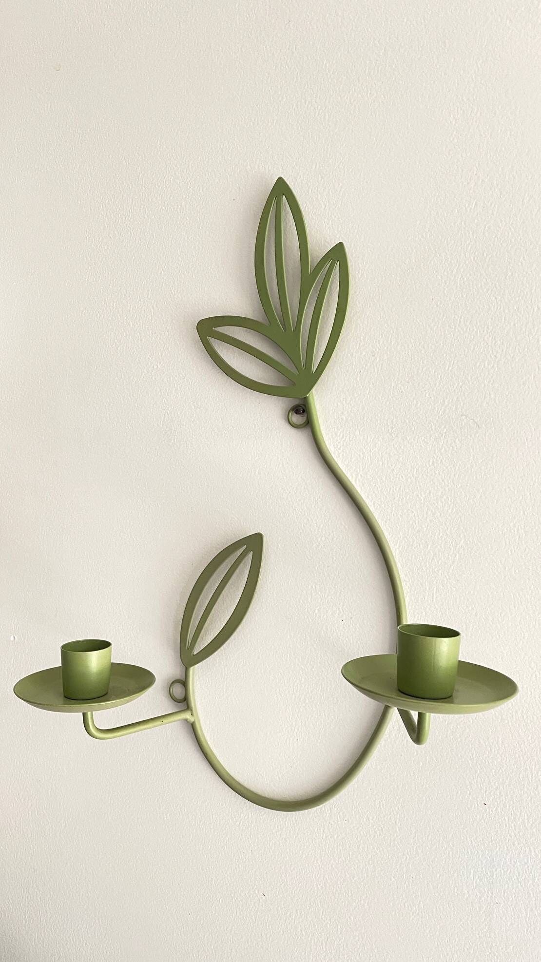 Wall Candle Holder, Green Metal Leaves
