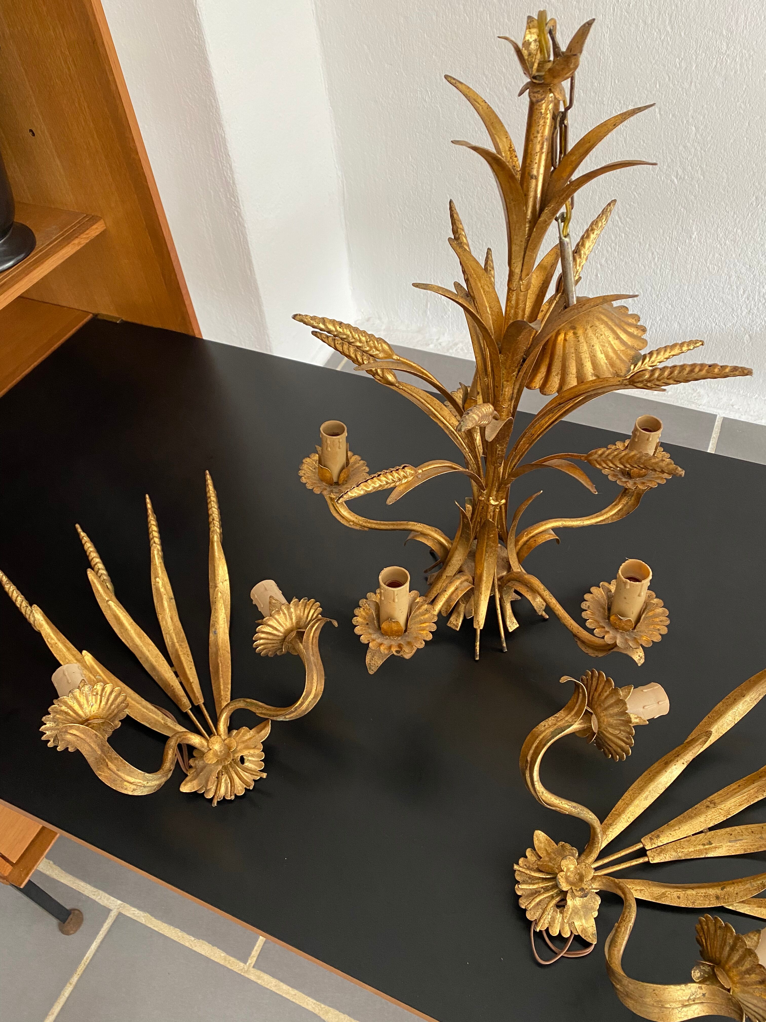 Chandelier and 2 sconces of vintage wheat gold leaf