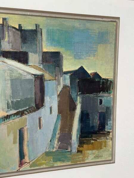 Original Swedish mid-century oil on canvas – “City” by Gustaf Höglund – vintage & framed – 80 × 70 cm