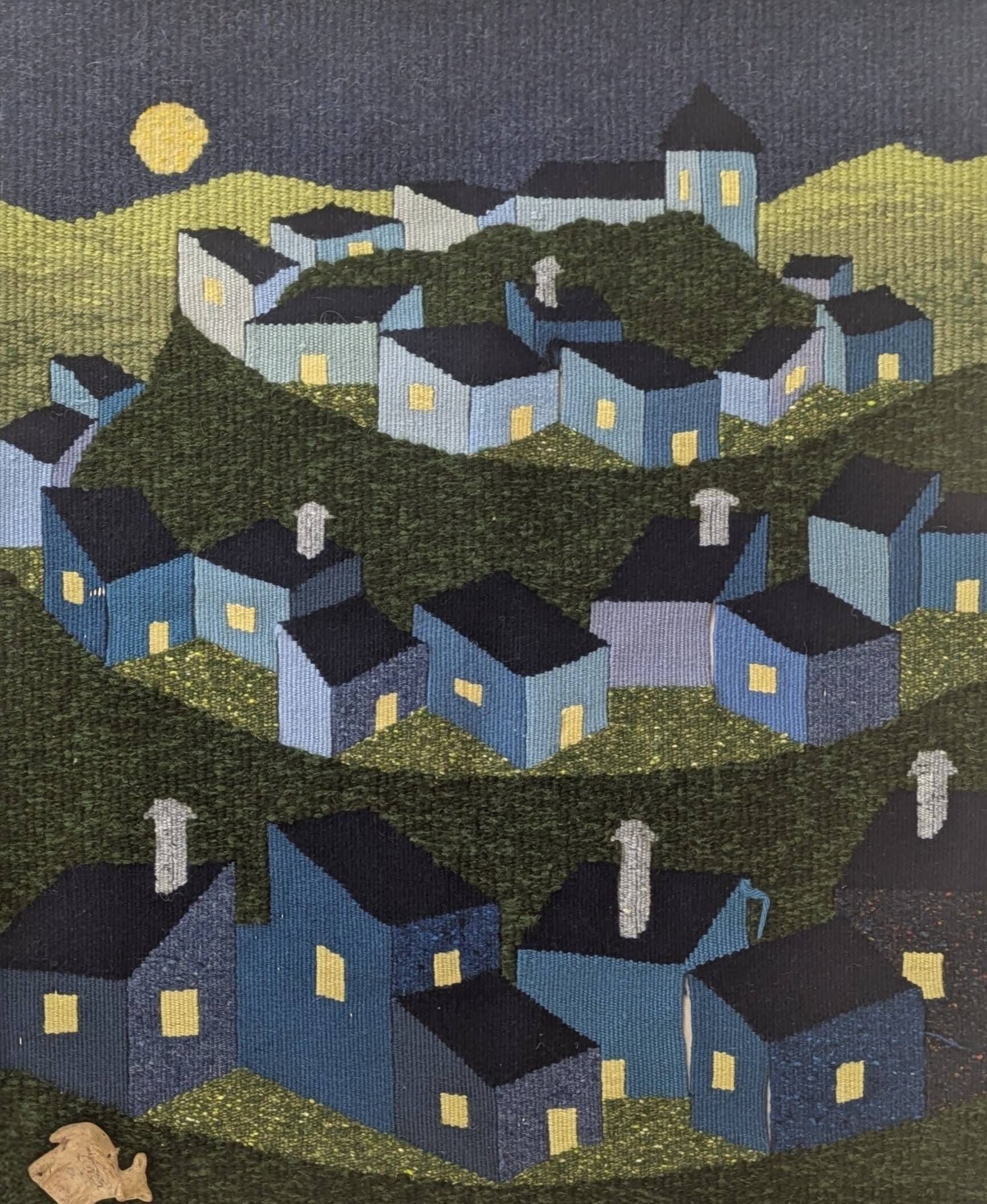 Vintage Handwoven Tapestry Village Scene Under the Full Moon