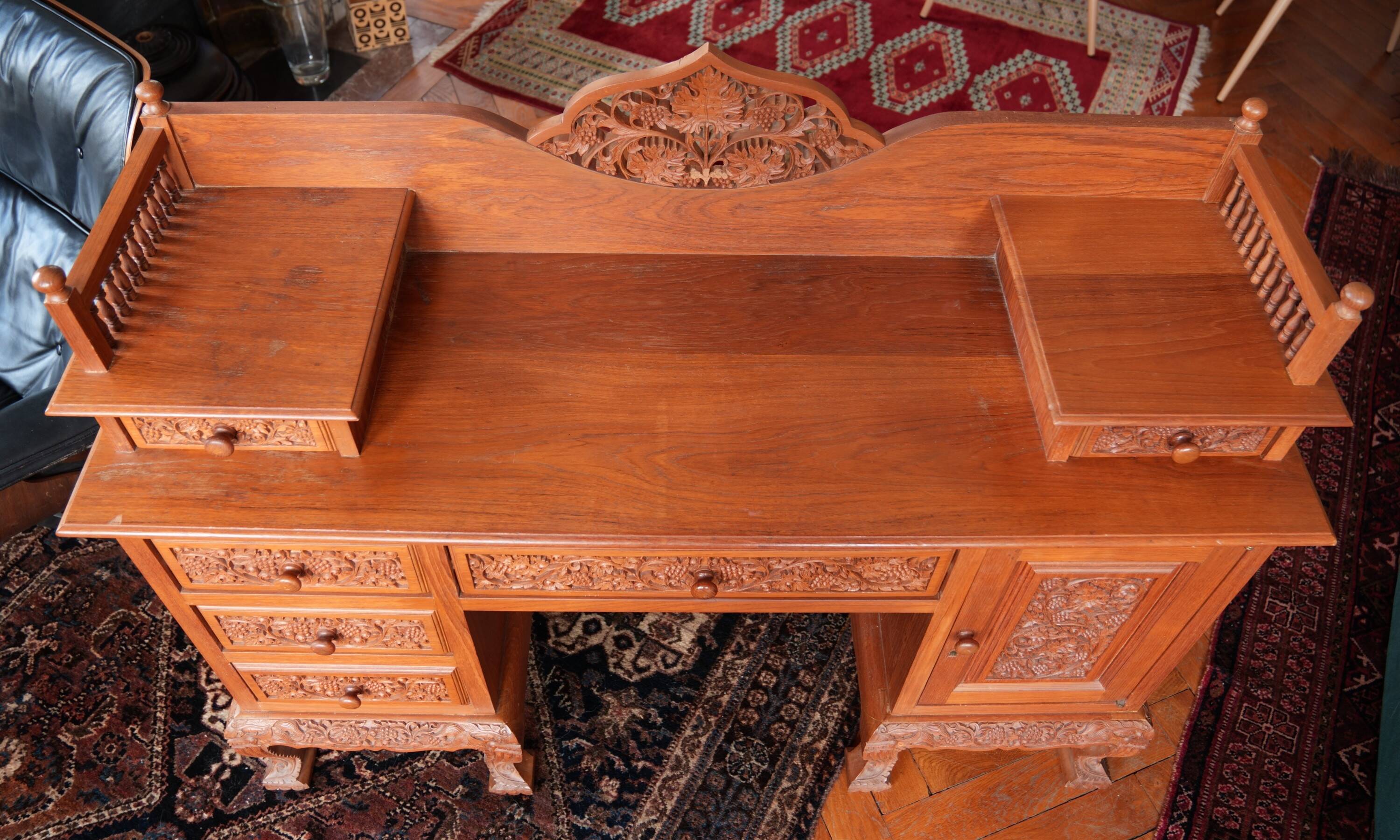 Vintage Vanity Desk, unique hand carved, Chiang Mai teak wood