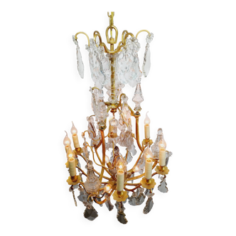 Lustre cage 12 lumières bronze et cristal
