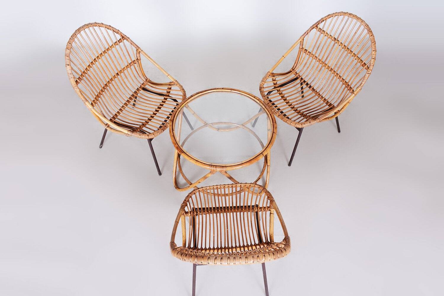 Art Deco Seating Set in Rattan & Steel attributed to Alan Fuchs, 1940s, Set of 4