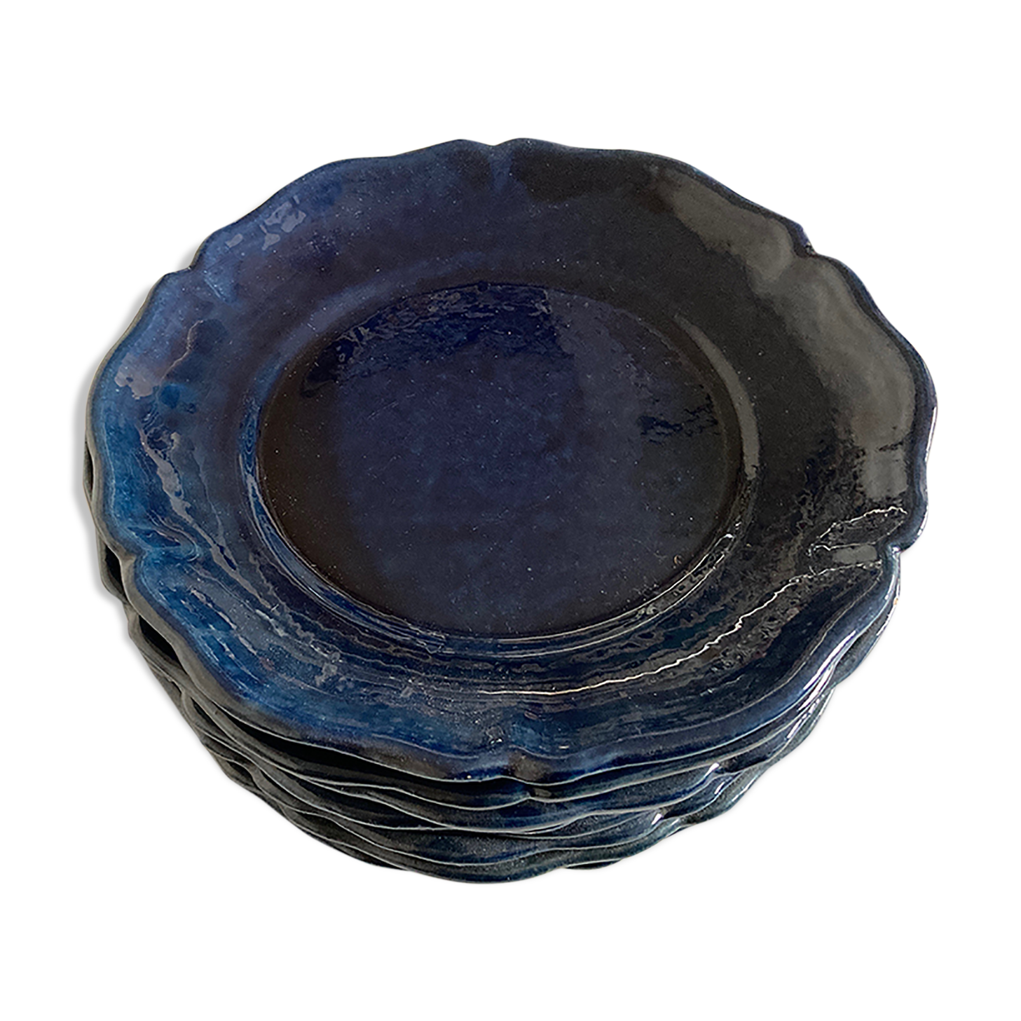 Set of 8 plates with godrons in glazed earth of biot