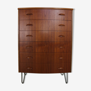 Commode moderne du milieu du siècle à six tiroirs, grand garçon en teck et pieds en épingle à cheveux, Danemark, années 1960