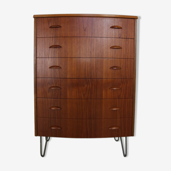 Mid-century modern danish chest of six drawers, tallboy in teak& hairpin feet, Denmark, 1960s