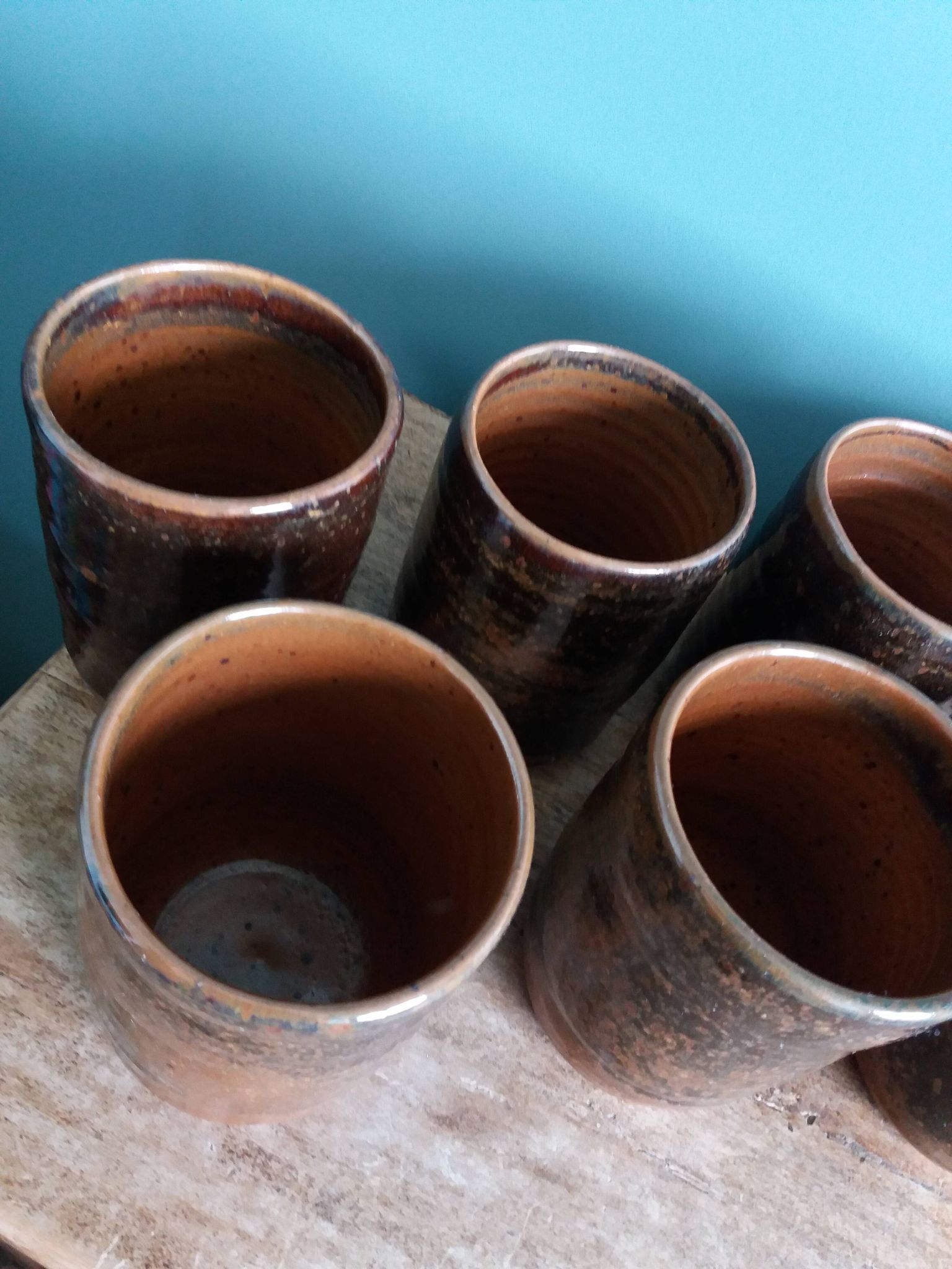 Handcrafted stoneware glass cups, signed, Fontgombault Abbey