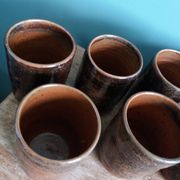 Handcrafted stoneware glass cups, signed, Fontgombault Abbey