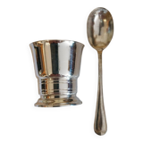 Egg cup and spoon in silver metal