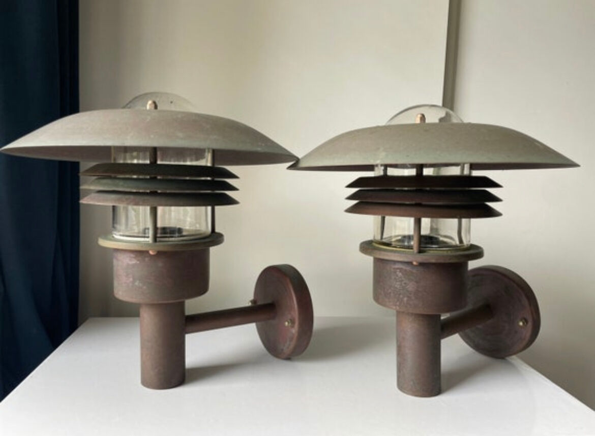 Pair of classic danish vintage MCM outdoor wall lamp in copper