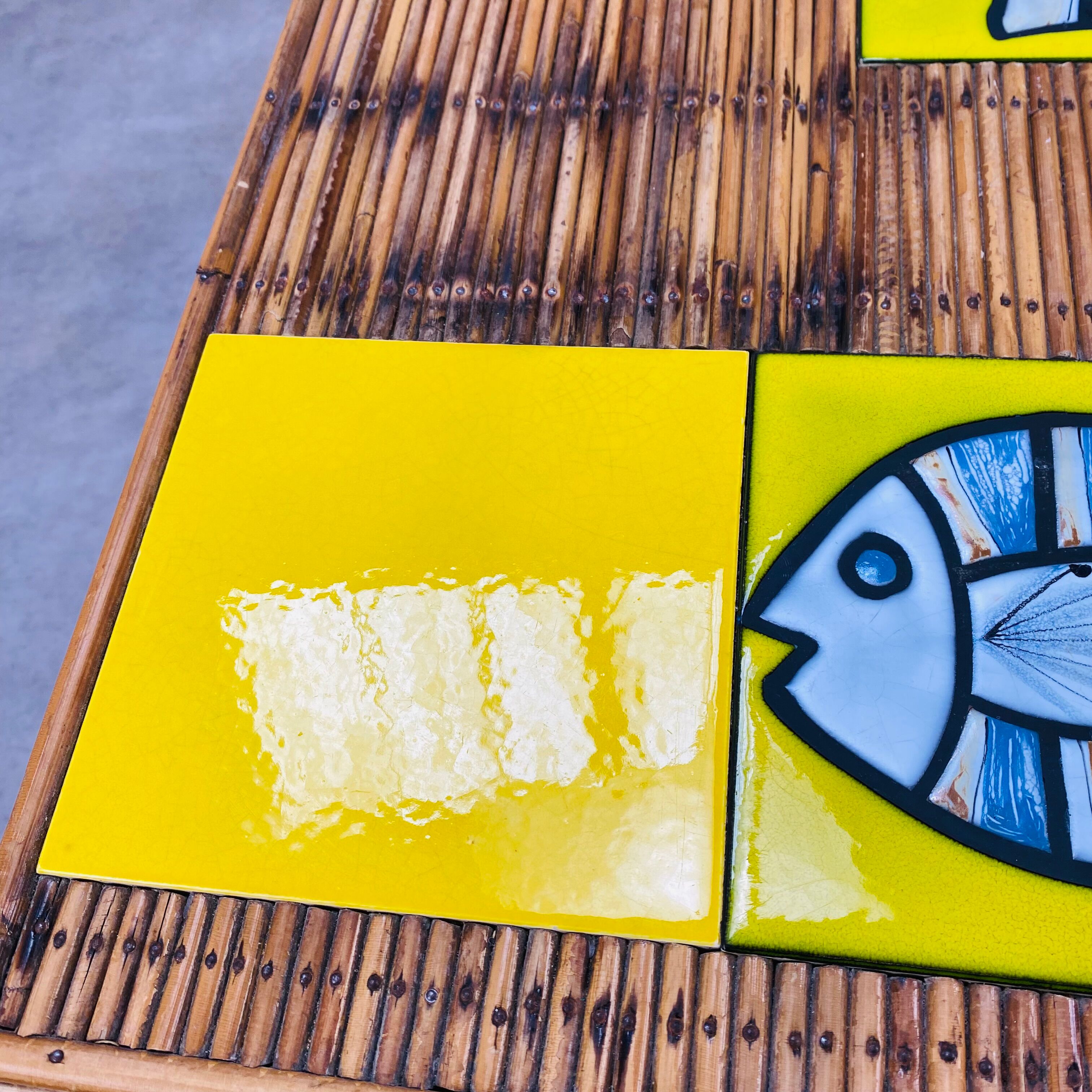 Roger Capron coffee table in ceramic and rattan, fish model