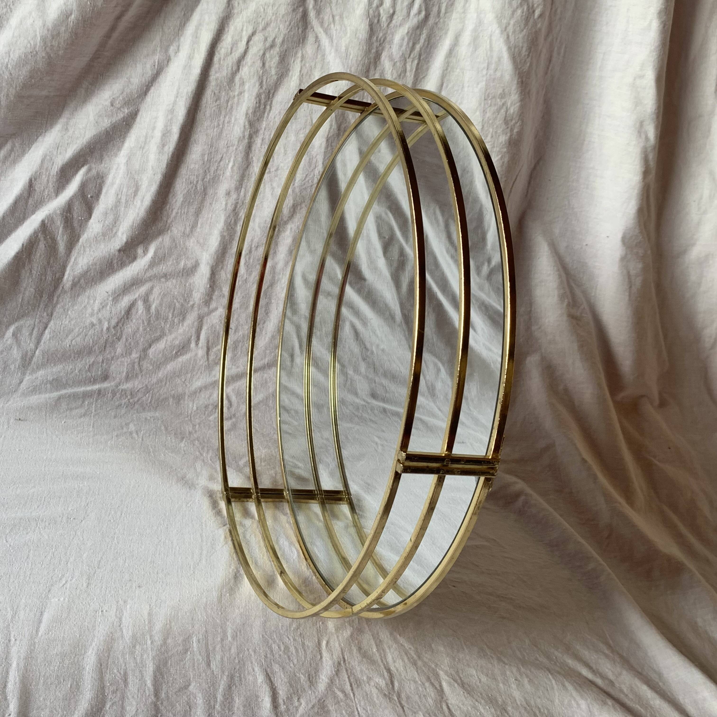 Vintage round tray in gold metal and mirror