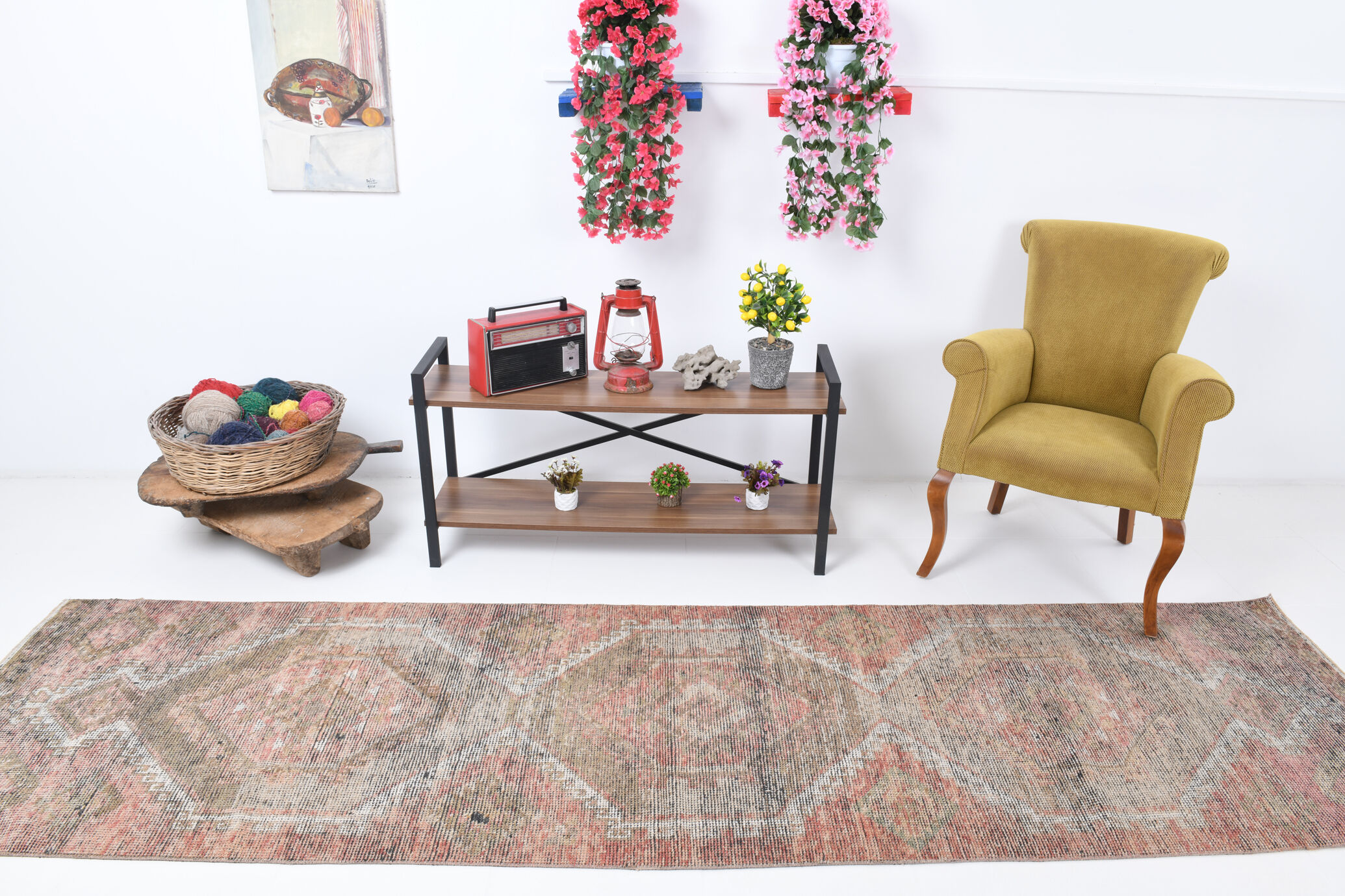 Faded brown & beige turkish runner rug 339x91cm