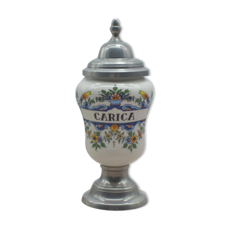Old carica pharmacy apothecary pot with lid and tin foot