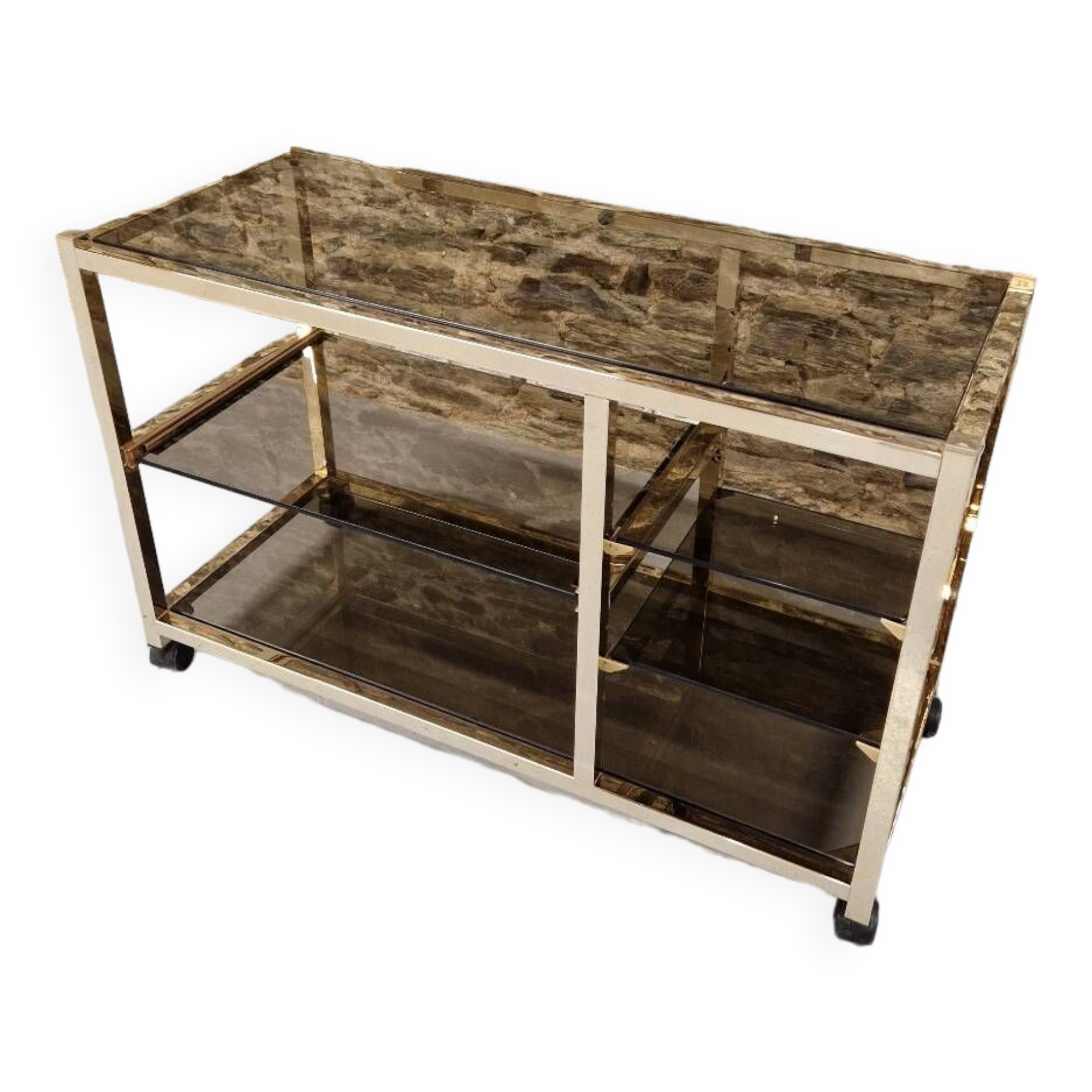 70s glass TV cabinet shelf console