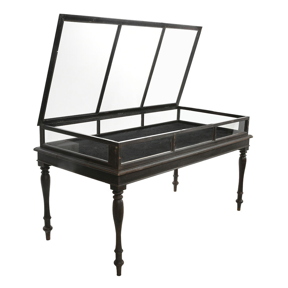 Table de présentation vitrée à bois sombre