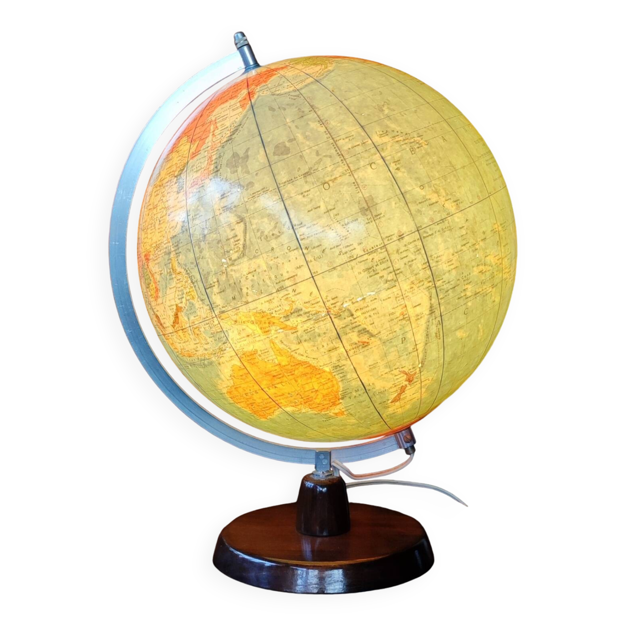 Antique illuminated globe world map made of glass