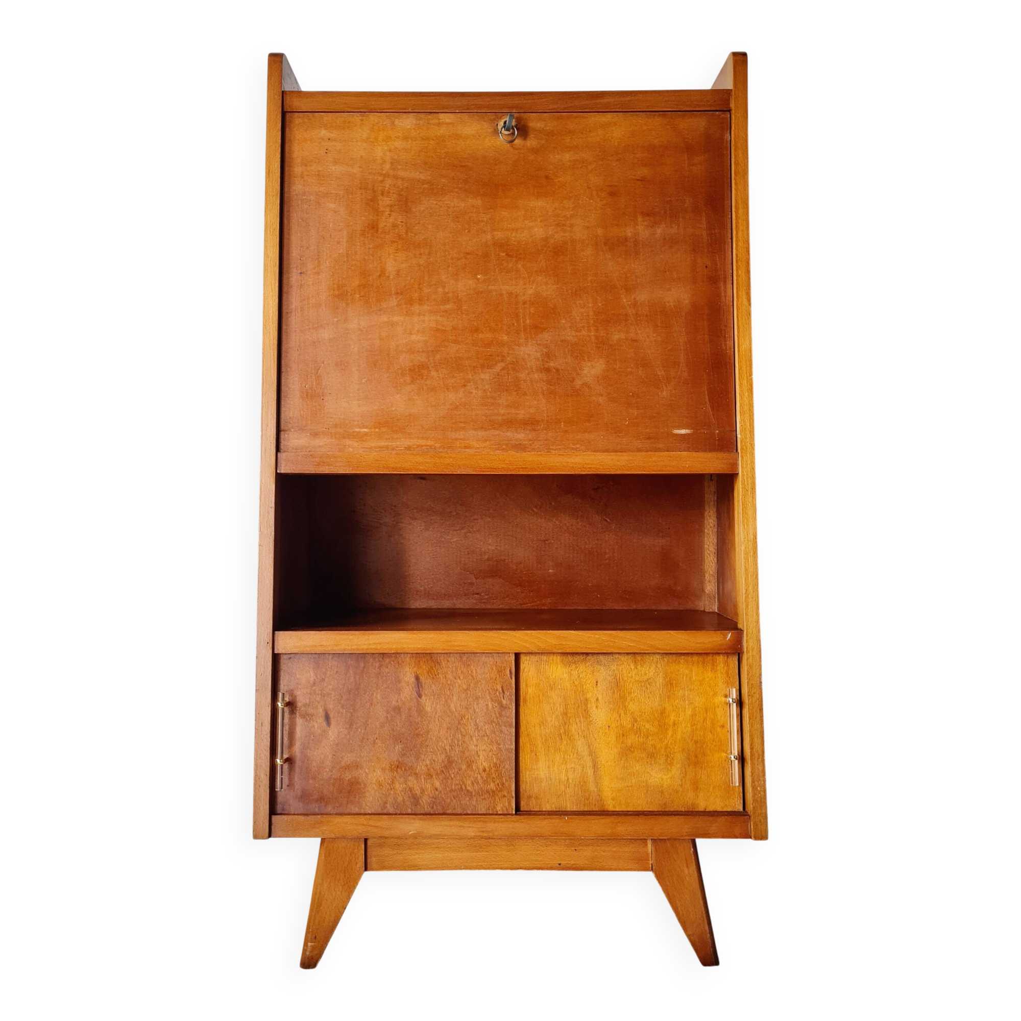 Vintage 1950s wooden secretary with tapered legs and mint interior.